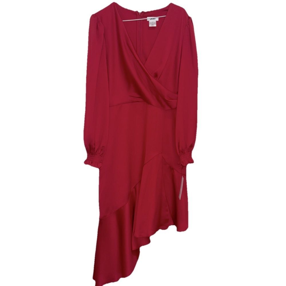 $134 DKNY DRESS SCARLET RED LONG SLEEVES CROSSOVER NECK RUFFLE ASYMMETRICAL HEM